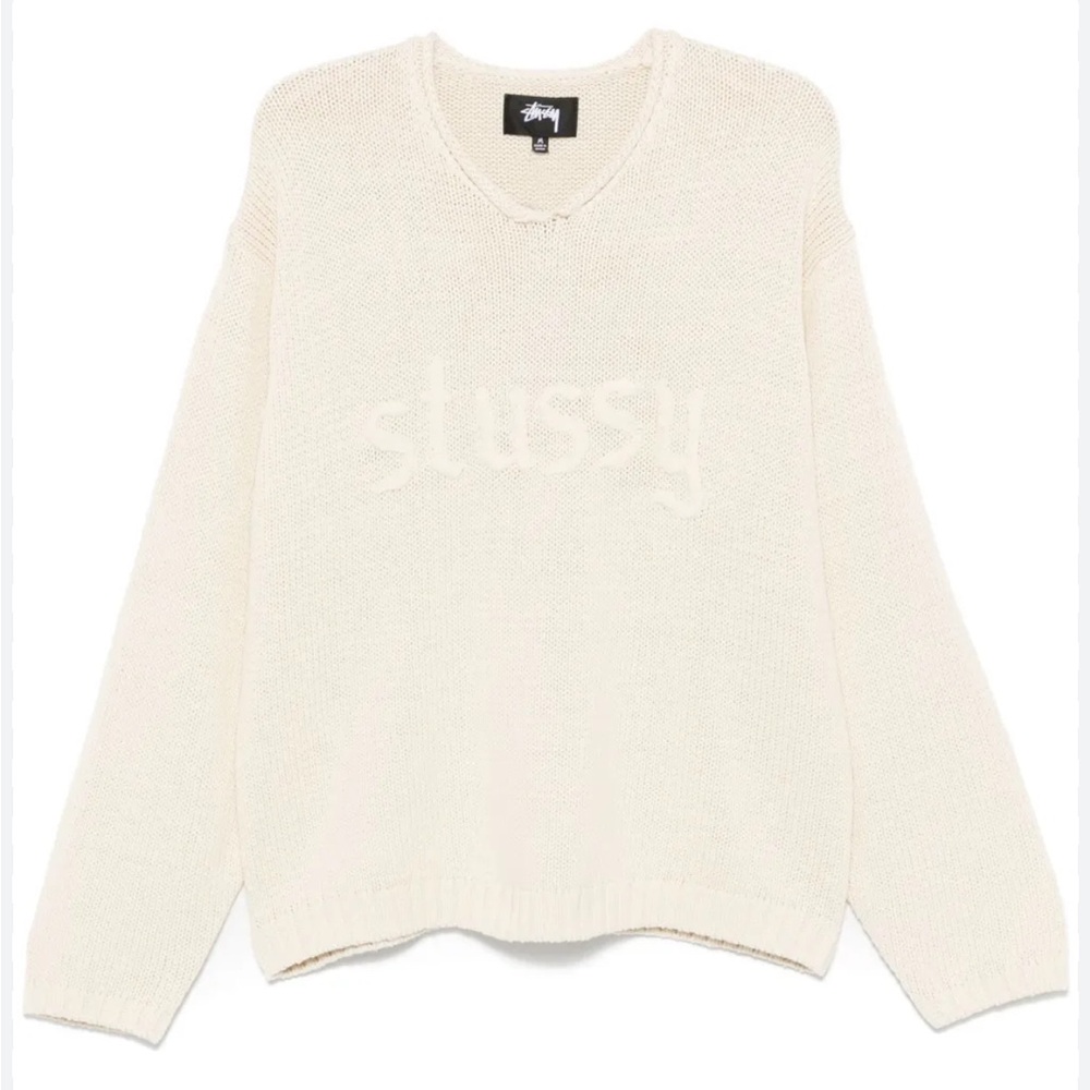 Stussy Women's V-Neck Cream Oversized Knit Sweater